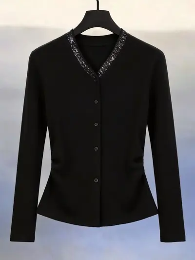 Women's V-Neck Rhinestone Cardigan, French Vintage Style Slim Top