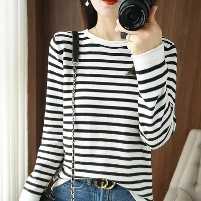 Women's 100% Cotton Knit Sweater, Contrast Stripe Crew Neck - 10