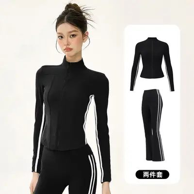 Yoga Set with Short Jacket, Strap Top and Flared Pants - 12