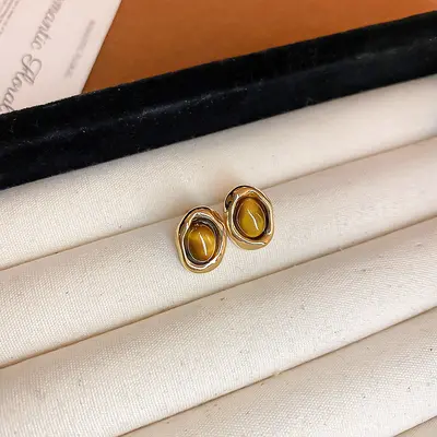 银针树脂虎眼石不对称耳环美拉德复古个性百搭耳钉轻奢高级感耳饰 - 13