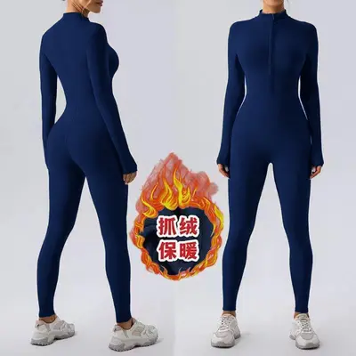 Amazon Cross-border Zipper Bare-Feel Tight Fleece-Lined Autumn Winter Jumpsuit Warm One-Piece Yoga Suit Thermal Bodysuit Running Fitness Wear - 7