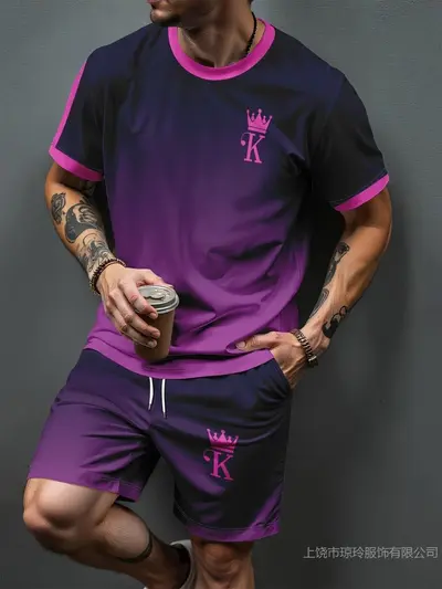 Erkek 3D Baskılı T-Shirt ve Şort İkili Takım, Gradyan Harf Desenli, Yaz - 11