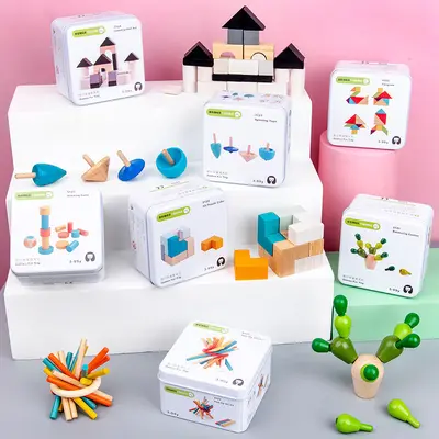 Montessori Tin Box Educational Toy Ages 2-6 with Wooden Puzzle and Cube