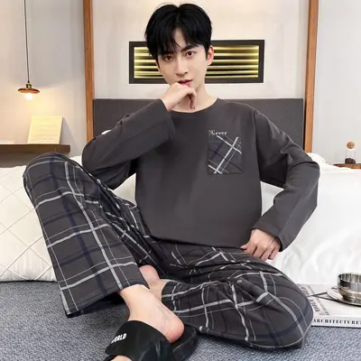 Men's Long-Sleeve Round-Neck Pajama Set for Spring and Autumn - 9
