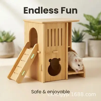Wooden Hamster House, Multi-Level, Solid Wood Hideout - 4