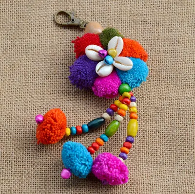 Ethnic Style Handmade Shell Pom-Pom Keychain and Bag Charm