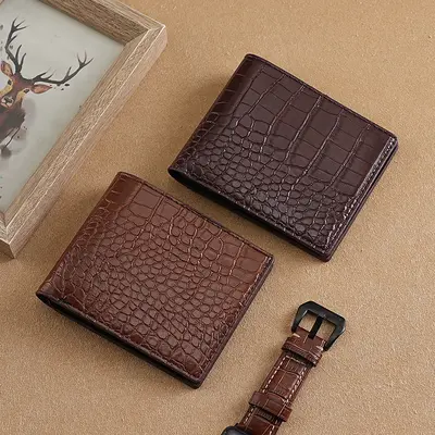 Crocodile leather men's short bifold wallet