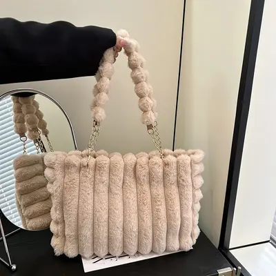 Women's Fluffy Plush Tote Bag, Underarm Style, Large - 10