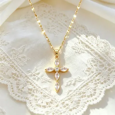Titanium Steel Cross Necklace, Full Rhinestone, Women's Collarbone Chain