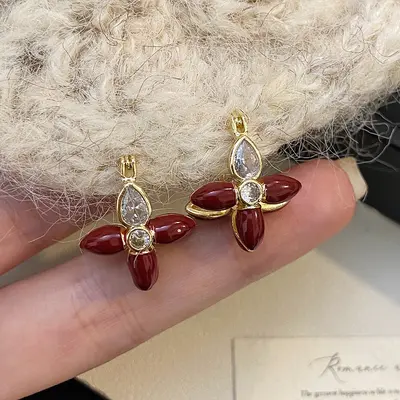 Kırmızı damla sırı inci küpe, vintage tasarım - 9