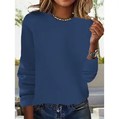 Women's Round Neck Long Sleeve Thin Knit Sweater, Solid Color - 10