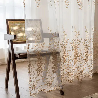 Modern Minimalist Yaprak Nakışlı Tül Perde, Hazır Pencere Perdesi