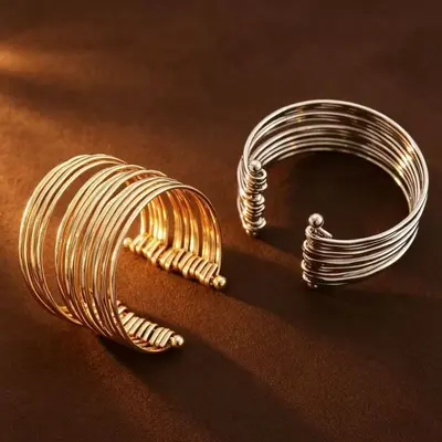 Euro-American Cross-Border Best-Selling Multi-Layer Corrugated C-Shaped Open Bracelet Luxury Trendy Hip-Hop Bangle Minimalist Pleated Style