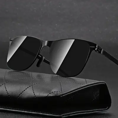 Schwarze Retro-Herrensonnenbrille, Rahmen aus Edelstahl - 8