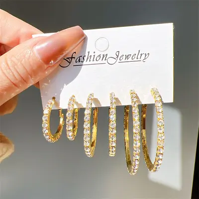 Cross-border fashion diamond stud earrings for women in Europe and America, simple full diamond large, medium and small hoop earrings, 3-pair set