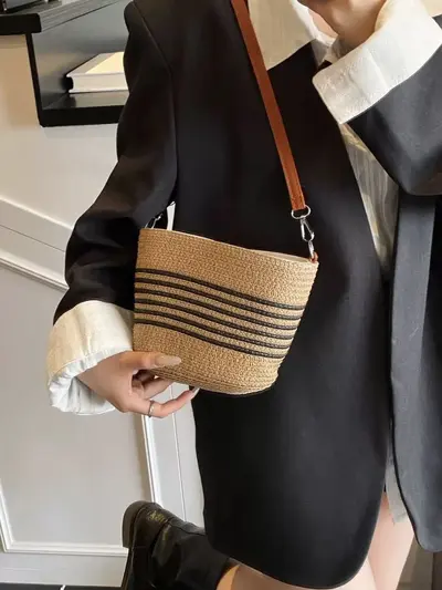 Women's Woven Straw Bucket Bag for Summer Beach Vacation, Crossbody - 1