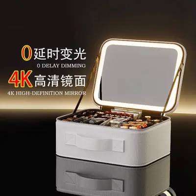 LED Makeup Case with Mirror, Three-Color Light, Portable Large Capacity