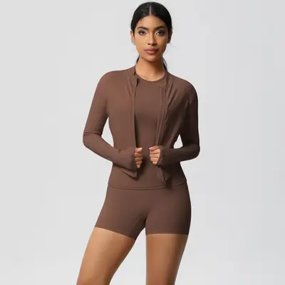 Yoga Three-Piece Set, Nude-Feel Brushed Fabric, Solid Color - 7