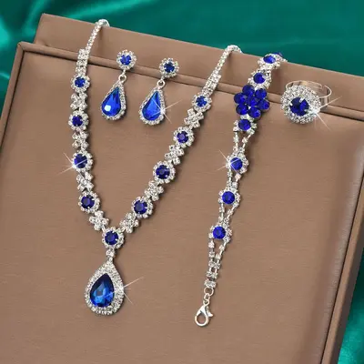 Moda Avrupa Amerika Yeni Koleksiyon Lüks Kristal Mücevher Kadın Su Damlası Kolye Küpe Bileklik Yüzük Seti - 7