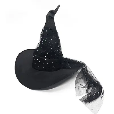 Halloween Black Pleated Mesh Witch Hat, Costume Accessory