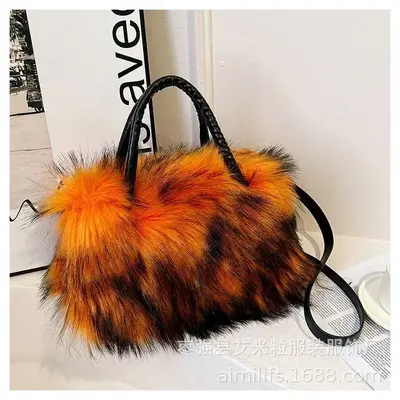 Women's Large Capacity Long-Haired Tote Bag, Contrast Color, Soft Structure - 3