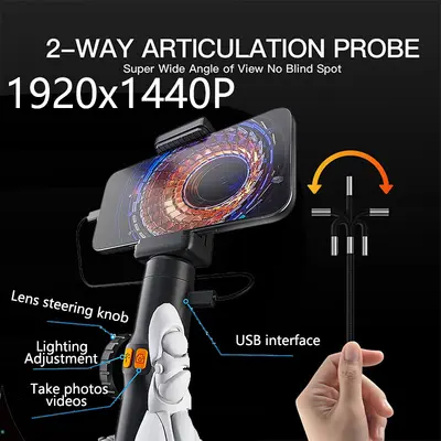 360° Dönüşlü Ultra HD Endoskop Telefon Apple Android Görüntülü Kamera Araba Motor Karbon Başlığı