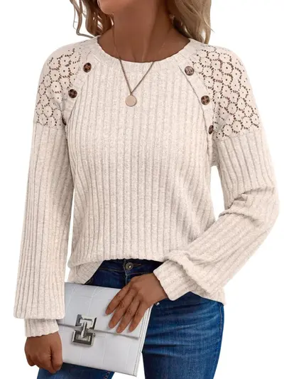 Round Neck Solid Color Hollow Button Long Sleeve Casual Top - 7