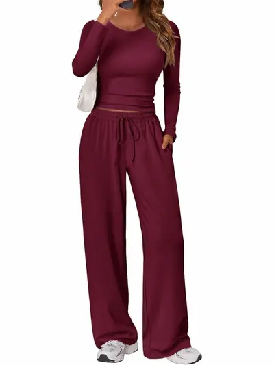 Women's Sports Yoga Set, Autumn Winter Solid Color Long Sleeve Round Neck - 9