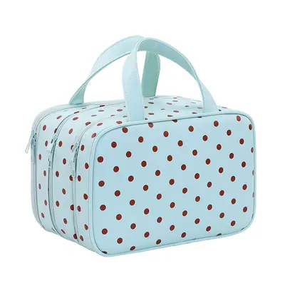 Mint Green Polka Dot Makeup Bag, Large Capacity, Three-Layer, Waterproof - 6