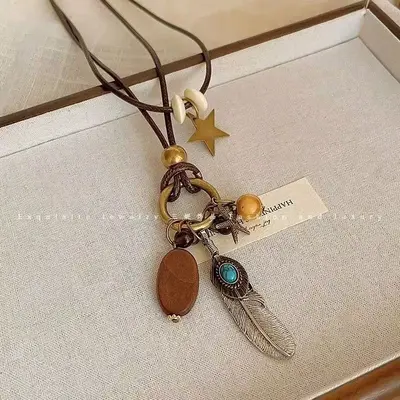 Chinese Style Long Sweater Chain, Feather Pendant Necklace for Women