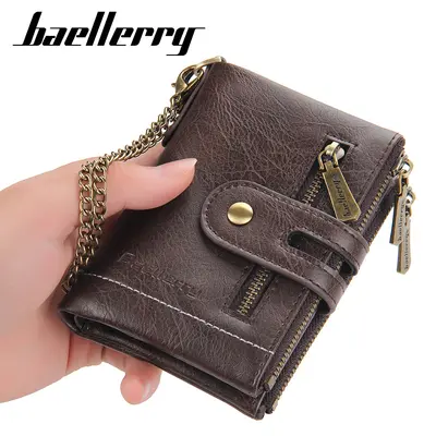 Men's short wallet, large capacity, double zipper, multi-card slots, anti-lost chain - 6