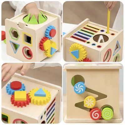 Çapraz Sınır Ahşap 8 in 1 Montessori Erken Eğitim Kutu Şekil Renk Eşleştirme Madeni Para Atma Top Atma Eğitici Oyuncak Toptan