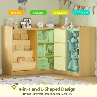 Montessori Holzregal mit Eckdesign für den Kindergarten – Mehrstöckiges Kinder-Bücherregal mit Spielzeugaufbewahrung
