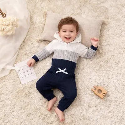 Baby Boy and Girl Hooded Ribbed Long Sleeve Romper and Pants Set