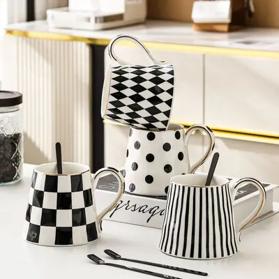 Ceramic Mug Black and White with Gold Rim Checkered Stripes Polka Dots