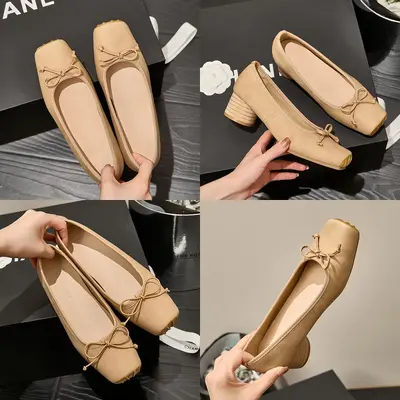Genuine Leather Square Toe Mary Jane Ballet Flats, Mid Heel, Vintage Look