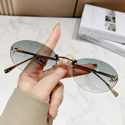 Rhinestone Oval Frameless Sunglasses, Small Frame, UV Protection - 12