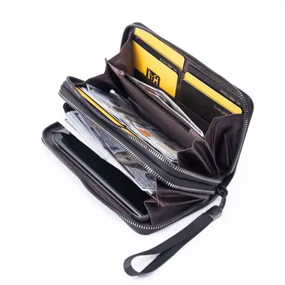 Men's Long Leather Wallet with Multiple Card Slots and Zipper - 6