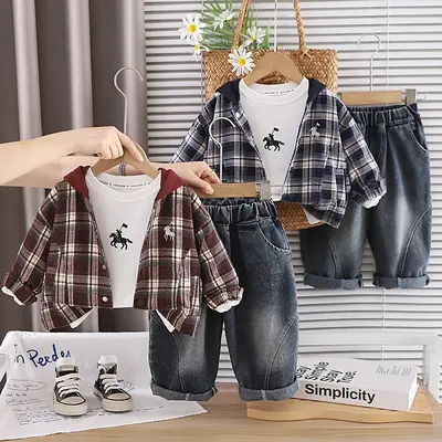 Boys Hooded Jacket Plaid Pants Cardigan 3-Piece Set