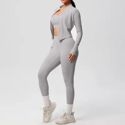 Women's Three-Piece Solid Color Yoga Running Sports Set, Double-Sided Brushed - 13