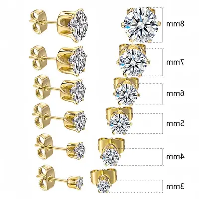 Stainless Steel Stud Earrings, Six-Claw, Zirconia Crown