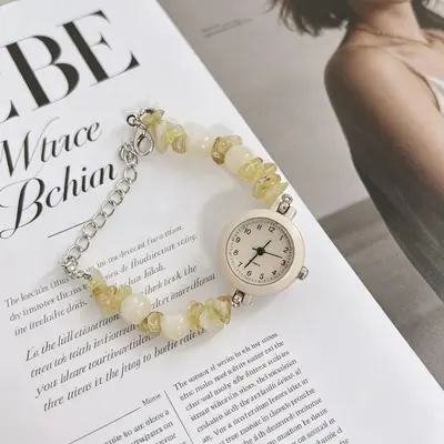 Crushed Gemstone Beaded Bracelet Watch for Women, Niche Fresh Instagram Style, Student Simple Quartz Watch, Adjustable Influencer New Style