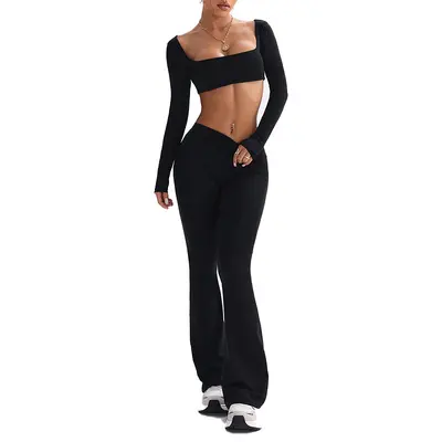 Uzun Kollu Kadın Yoga Takımı, Mikro Paça Pantolon, İki Parça, İnce Yaz Modeli - 7