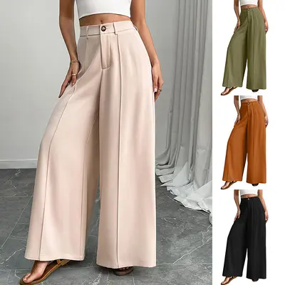 Women's Wide Leg Solid Color Long Pants, Beach Suit Trousers - 1