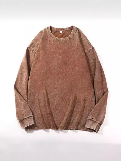 Langarm-T-Shirt aus reiner Baumwolle, gewaschen, Kordelzug, Oversize-Retro-Schnitt