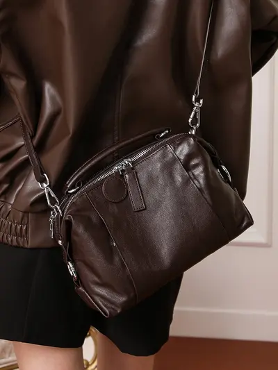 Women's Genuine Leather Boston Bag with Crossbody Strap - 6