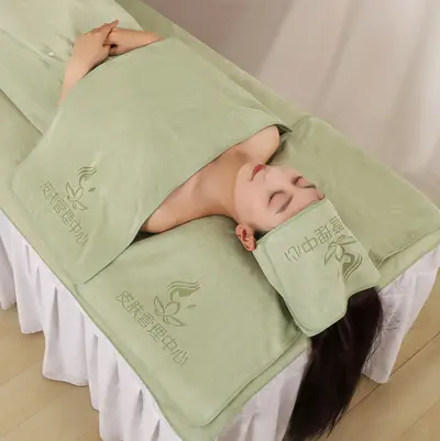 Badetuch-Set für Beauty-Salon, speziales Set, Turban, Betttuch, Badetuch, Bademantel-Set, saugfähig, fusselarm, LOGO bedruckbar