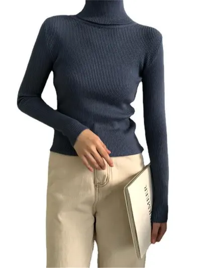 Damen Rollkragenpullover, langarm, schmal gestrickt