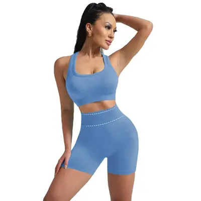 Grenzüberschreitendes Yoga-Set für Damen aus Europa und USA: nahtloser Sport-BH mit gekreuztem Rücken, Po-lifting-Shorts im Pfirsich-Stil, Trainings- und Fitness-Sportanzug