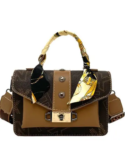Retro Print Small Square Women's Crossbody Bag with Silk Scarf Detail - 3